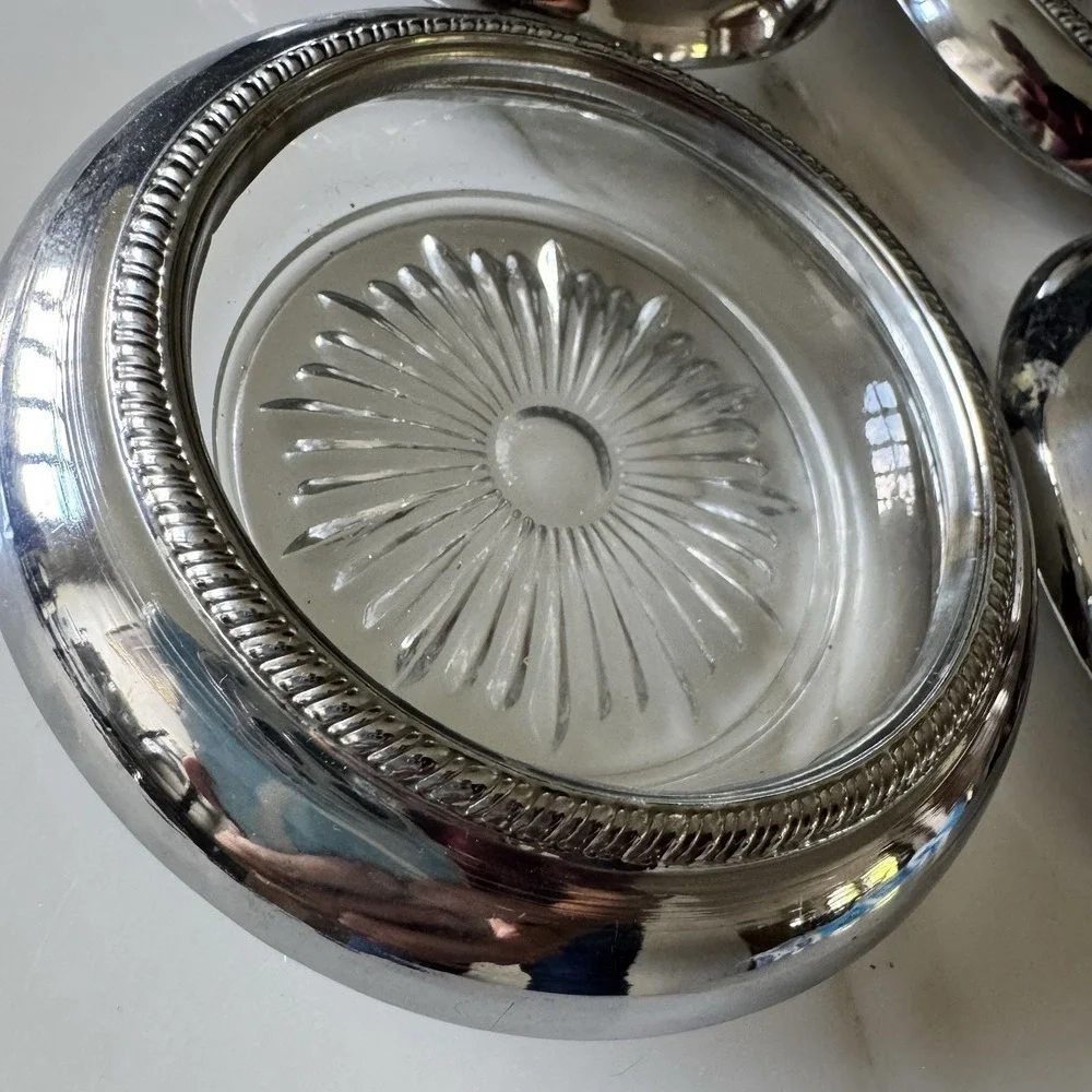 4 Vintage Leonard Old Crystal Glass Drink Coasters Made In Italy Silver Plated
